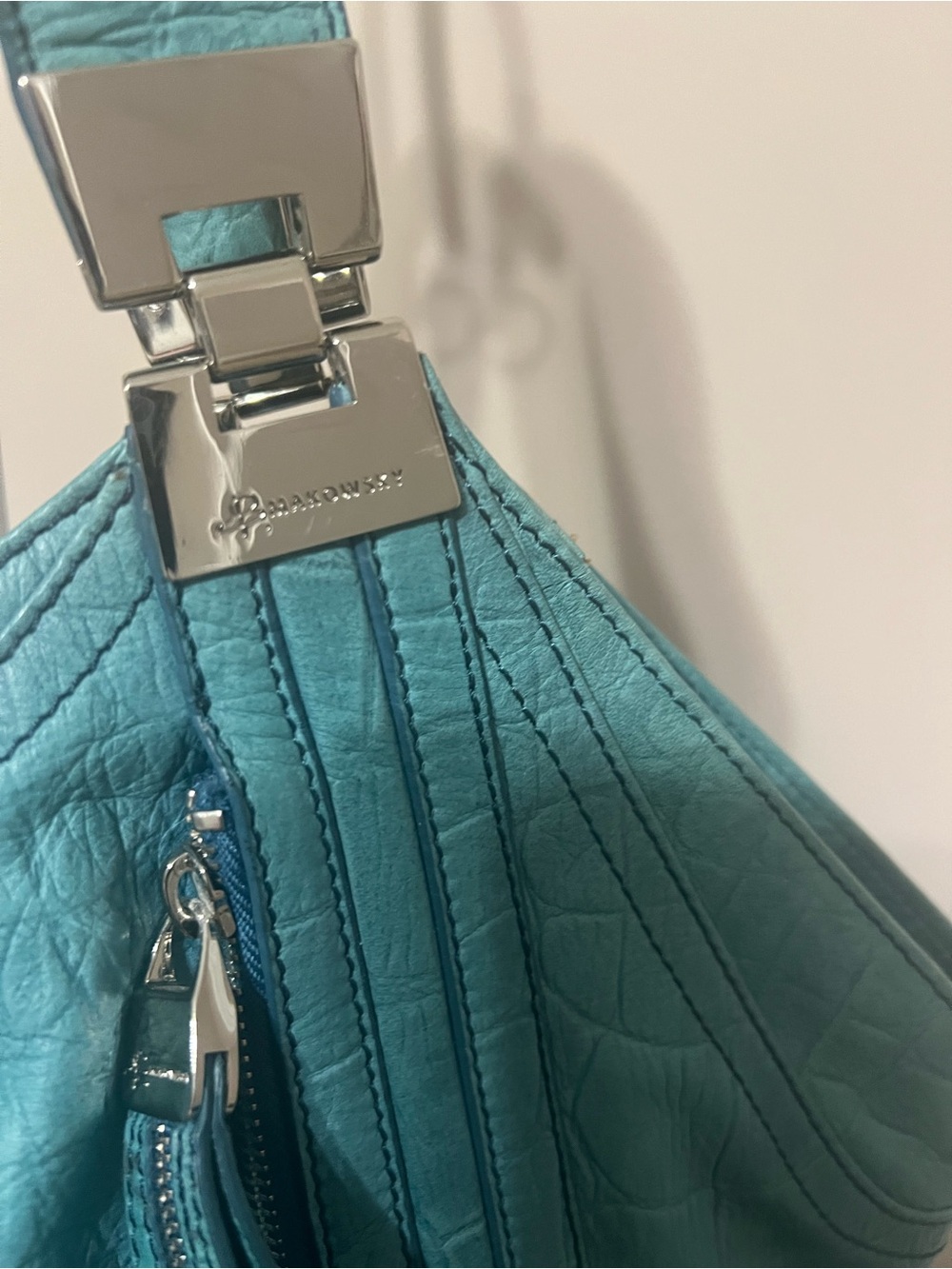 B MAKOWSKY Double Strap Teal Blue Satchel Handbag - Picture 4 of 8